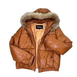Wilsons Vtg 1970s Burnt Orange Leather Fluffy Coyote Hooded Bomber Jacket